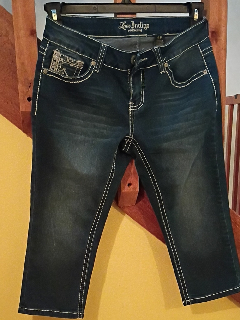 Love Indigo Dark Blue Cropped Capri Jeans with Contrast Stitching